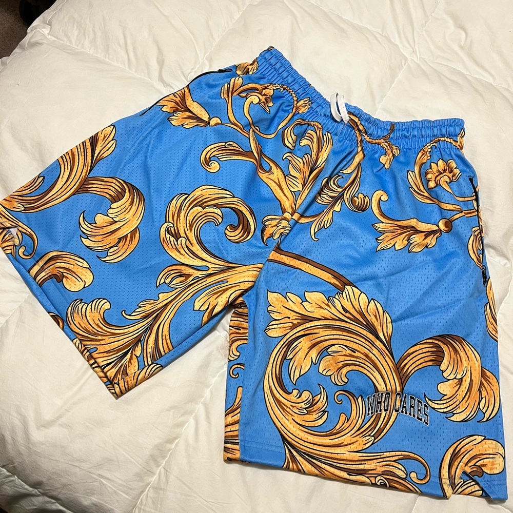 Who Cares basketball shorts- Blue with Gold Baroque Pattern